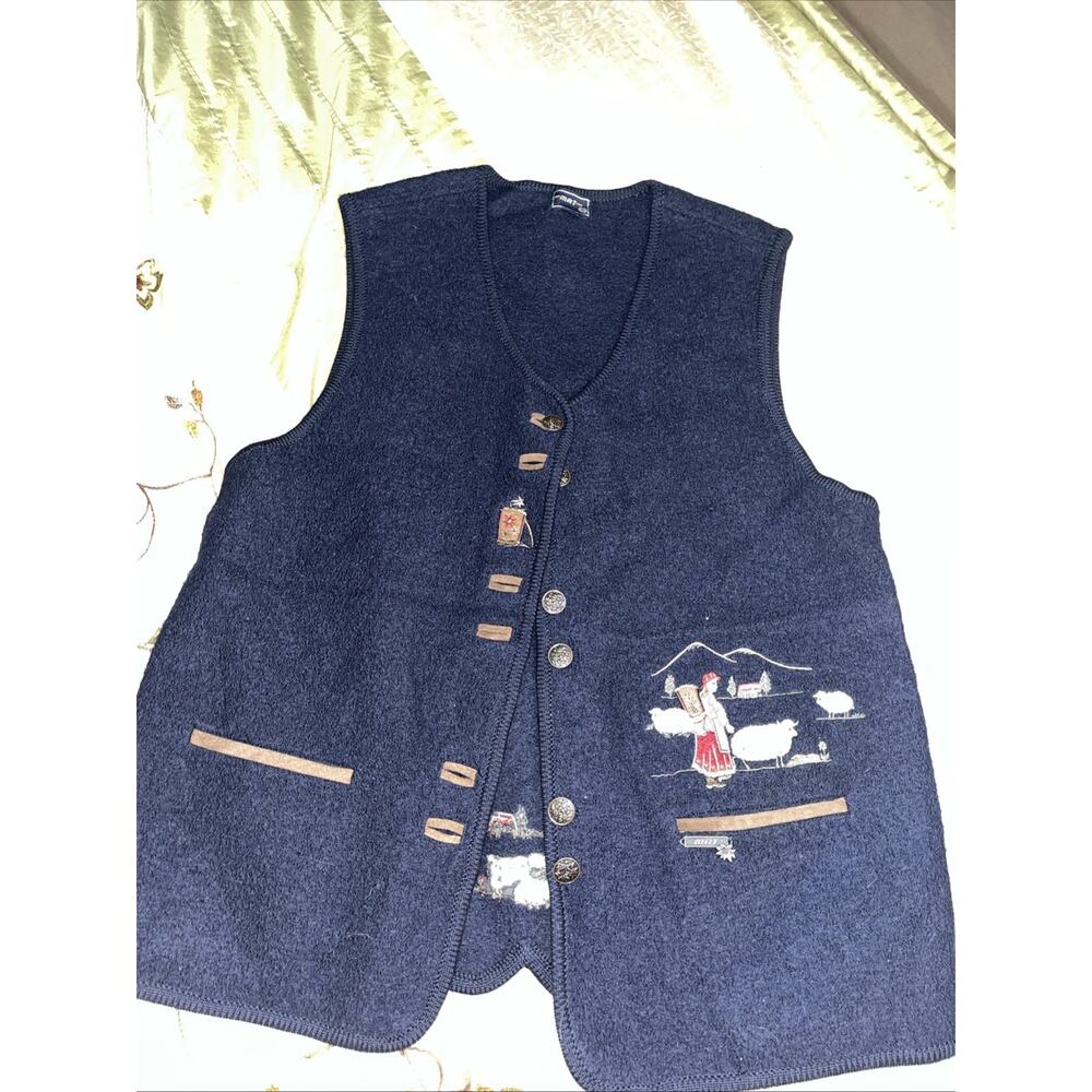 MAT Wool Vest Blue Embroidered Solid Sleeveless Size L